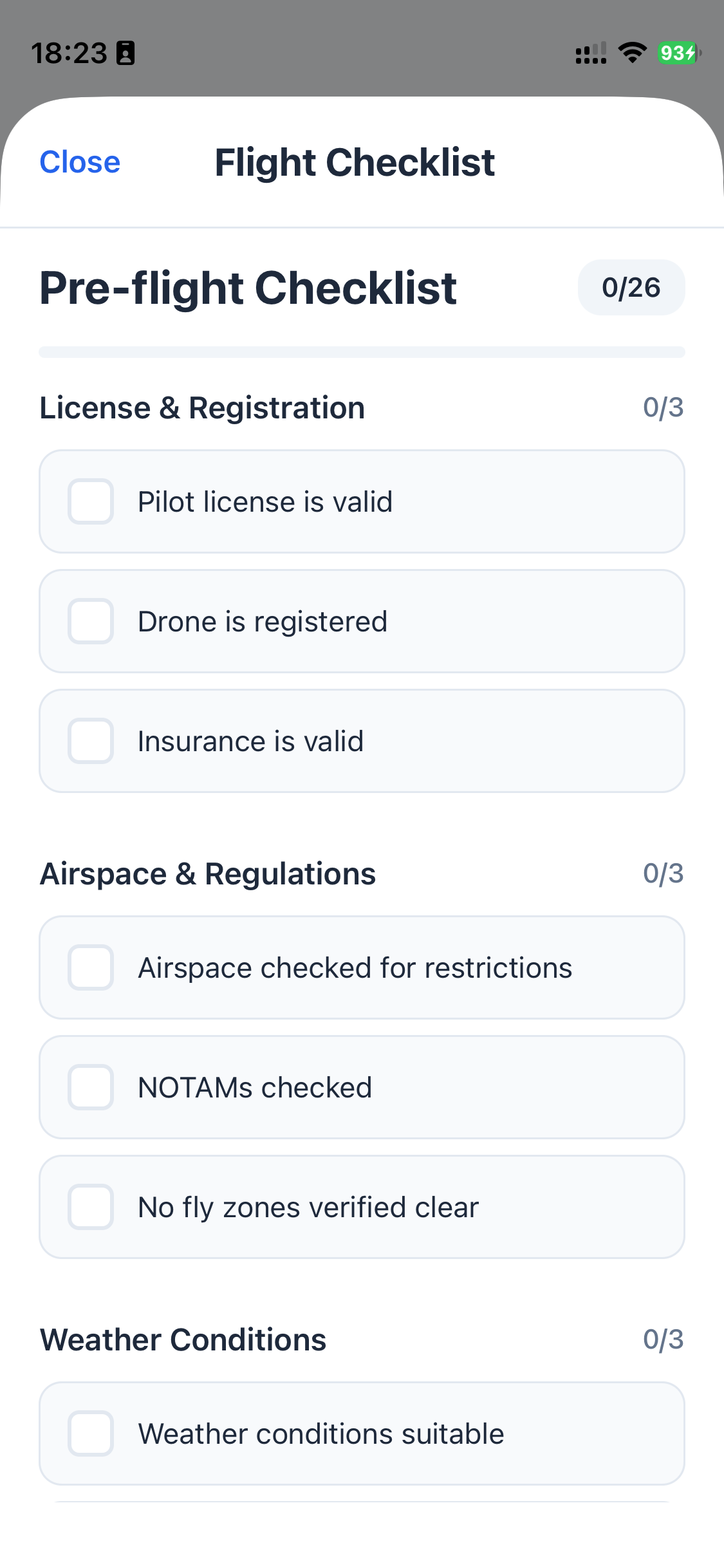 PilotPocket pre-flight checklist showing safety items to verify before a drone flight