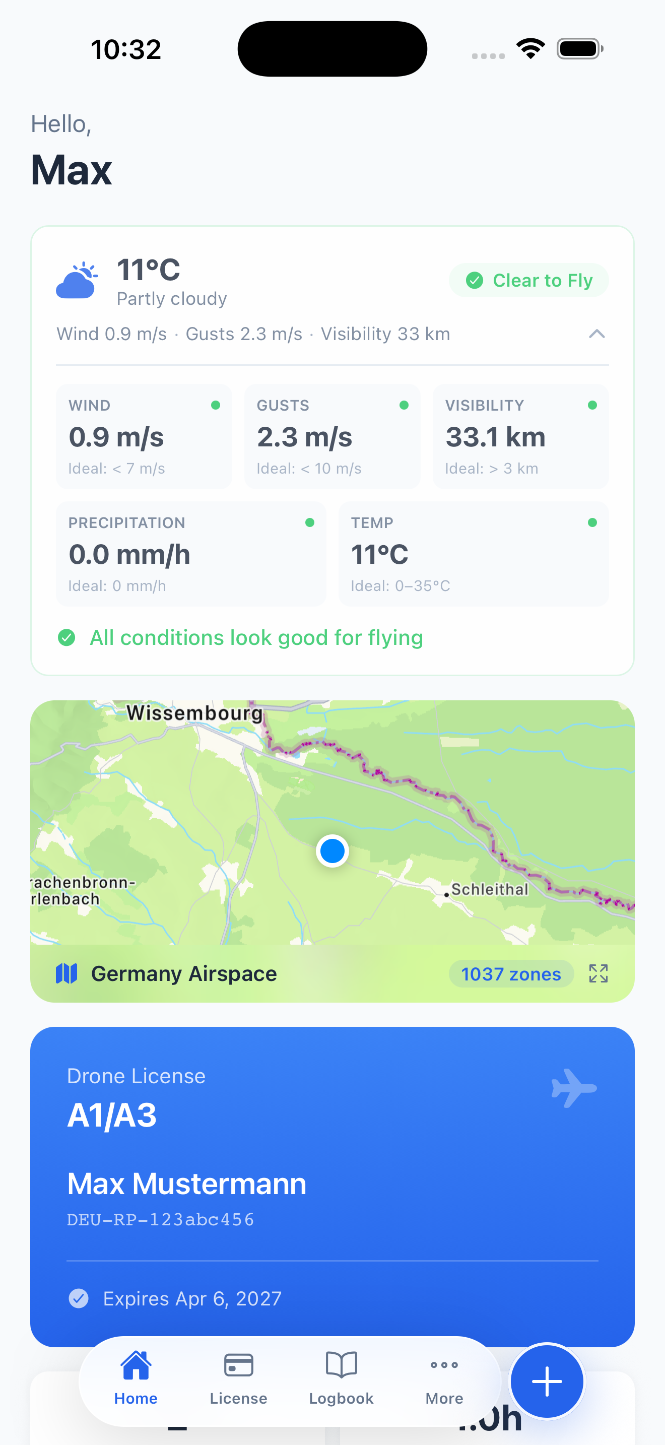 PilotPocket home screen showing weather widget, airspace map, and license card