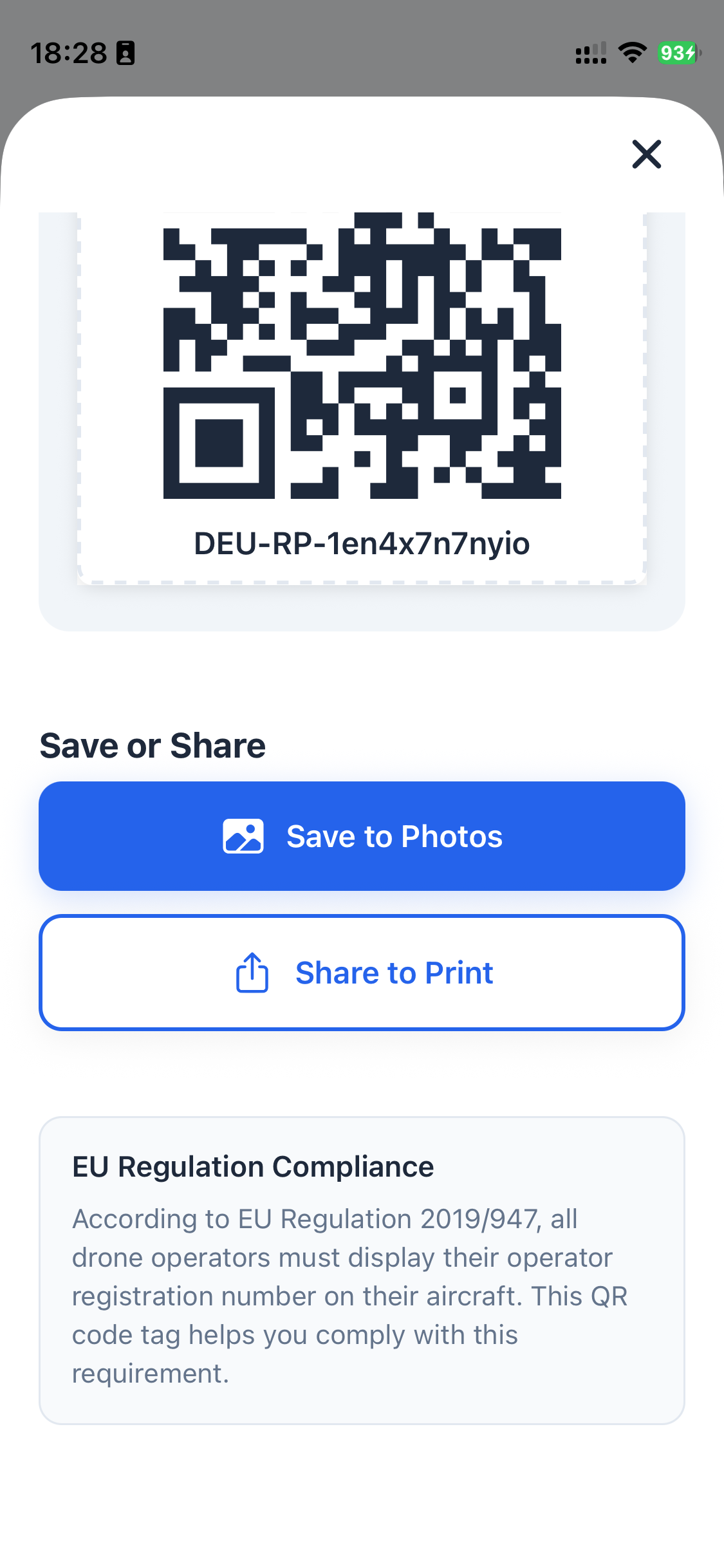 PilotPocket operator QR tag generation screen showing a scannable QR code with operator details